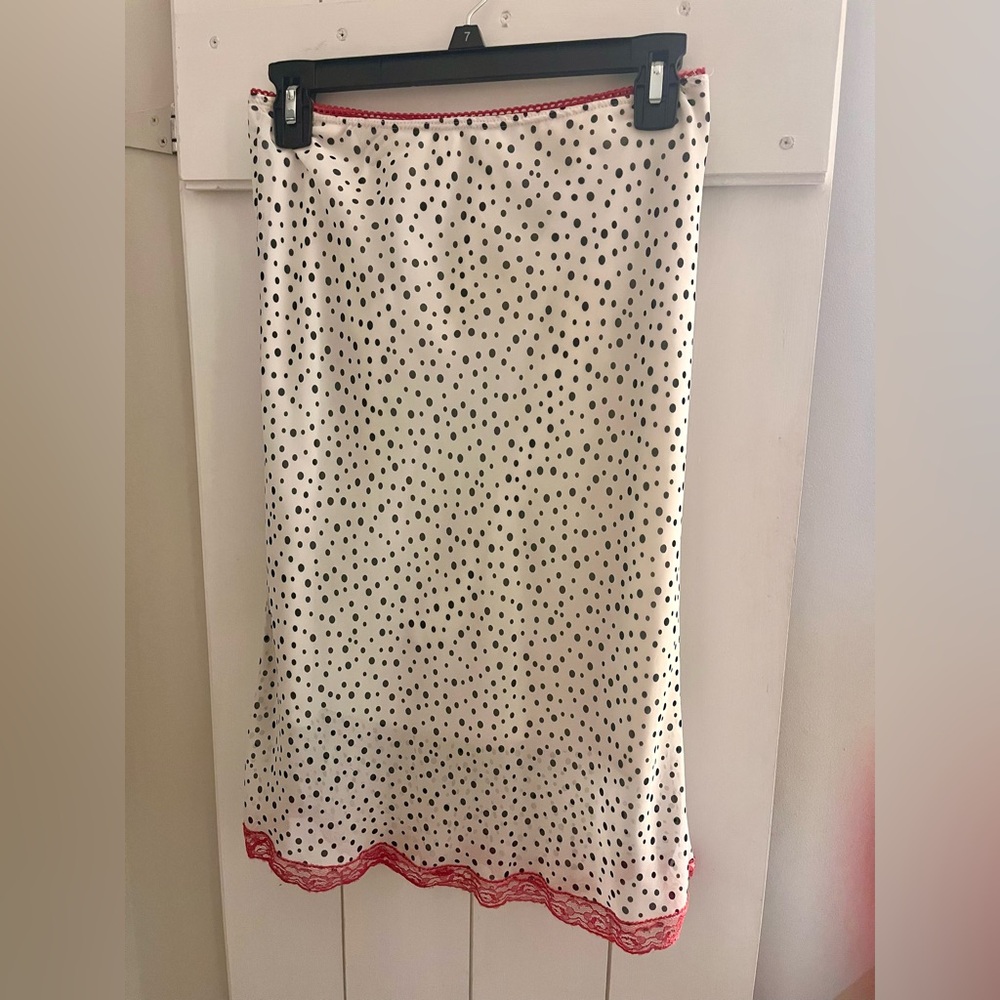 Cream Polka Dot Midi Skirt with Red Lace Trim